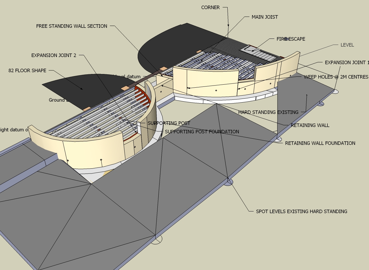 Perspective view of new landscape scheme decking construction scheme